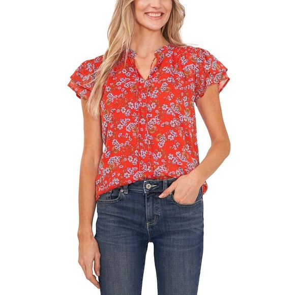 CeCe Flutter Sleeve Floral Print Tie Neck Blouse in Poppy Red Size 2X - Picture 1 of 8